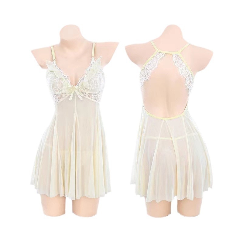 Čipkasto mrežasto noćno odijelo s dubokim V izrezom, prozračno leđa, uključuje thong; lagana mreža, 70–80% poliester, 121–140 g/m2