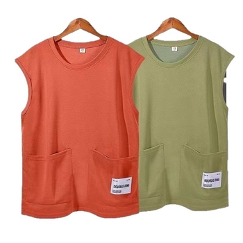 Ujjatlan T-póló-vest, laza szabás, poliészter anyag, egyszínű dizájn, 3D patch zseb