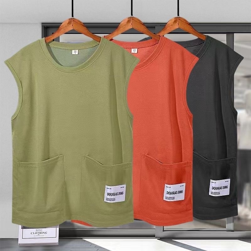 Ujjatlan T-póló-vest, laza szabás, poliészter anyag, egyszínű dizájn, 3D patch zseb