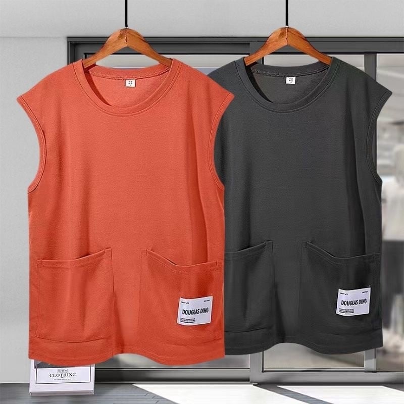 Ujjatlan T-póló-vest, laza szabás, poliészter anyag, egyszínű dizájn, 3D patch zseb