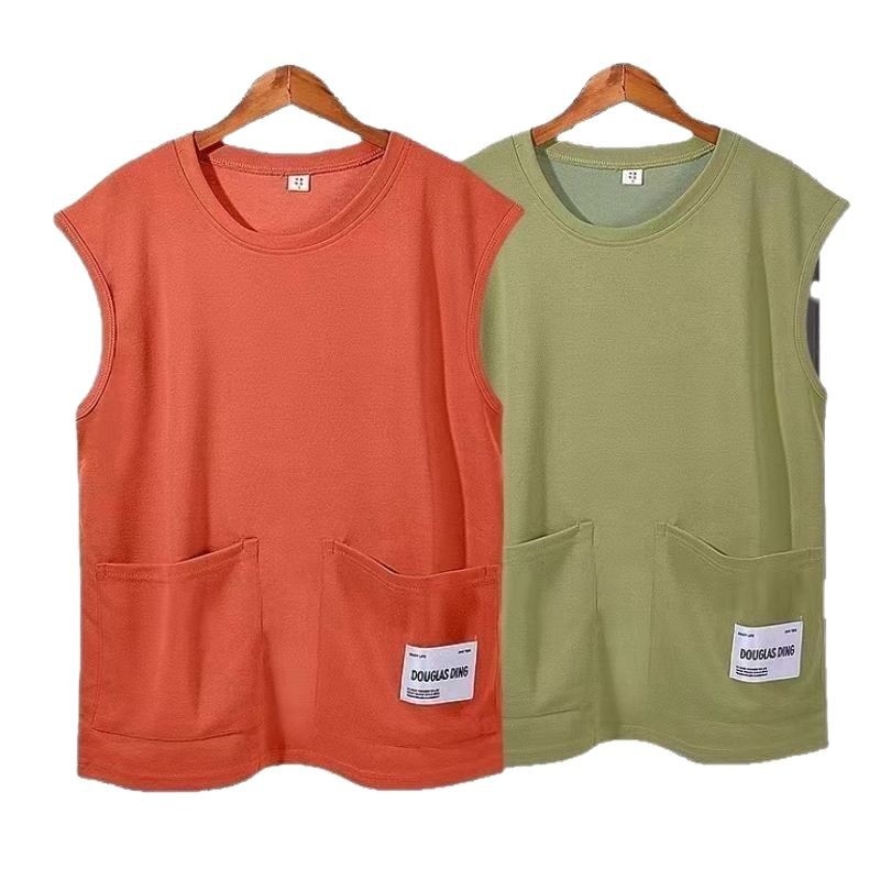 Ujjatlan T-póló-vest, laza szabás, poliészter anyag, egyszínű dizájn, 3D patch zseb