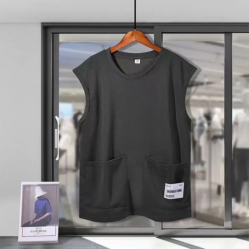 Ujjatlan T-póló-vest, laza szabás, poliészter anyag, egyszínű dizájn, 3D patch zseb