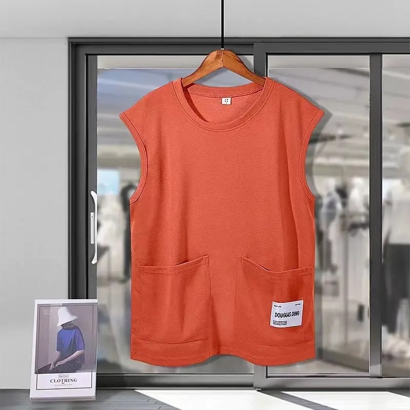 Ujjatlan T-póló-vest, laza szabás, poliészter anyag, egyszínű dizájn, 3D patch zseb