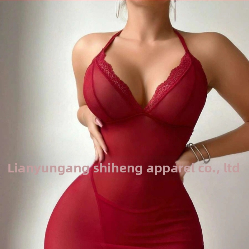 Sexy nočná košieľka s priehľadnou sieťovinou a výšivkou, ultra tenký polyester 61–80 g/m², 95–100% polyester, jar 2025