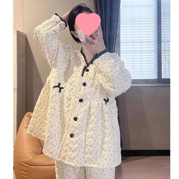 Pärast sünnitust magamisriiete komplekt sügis-talv, õhuline puuvillane kangas, 100% puuvill, 3/4 varrukad, polo kaelus, retro stiil