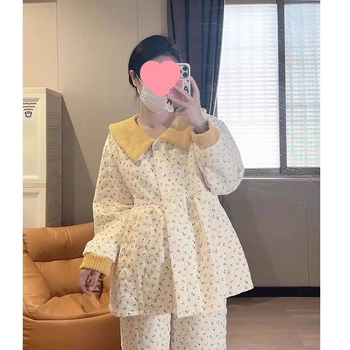 Pärast sünnitust magamisriiete komplekt sügis-talv, õhuline puuvillane kangas, 100% puuvill, 3/4 varrukad, polo kaelus, retro stiil