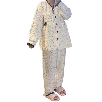 Pärast sünnitust magamisriiete komplekt sügis-talv, õhuline puuvillane kangas, 100% puuvill, 3/4 varrukad, polo kaelus, retro stiil