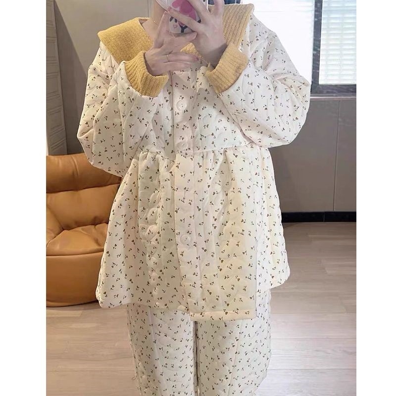 Pärast sünnitust magamisriiete komplekt sügis-talv, õhuline puuvillane kangas, 100% puuvill, 3/4 varrukad, polo kaelus, retro stiil