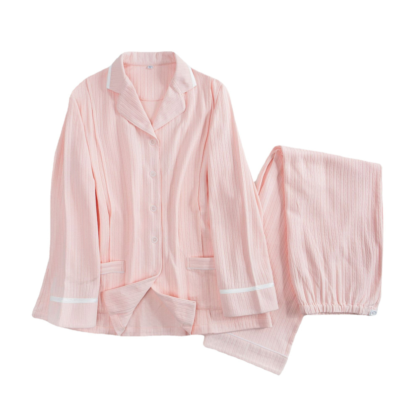 Послеродова пижама за кърмене – 100% памук, дълги ръкави, панталони, жакардови ивици