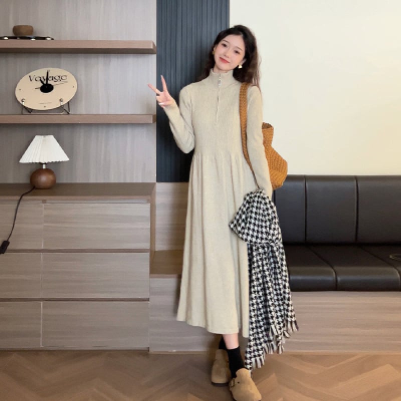 Φόρεμα γαλουχίας με μακριά μανίκια, φούστα γοργόνα, πλεκτό ύφασμα, μπροστινό άνοιγμα γαλουχίας