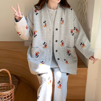 Пижами за майчинство за кърмене, тричастен комплект есенно-зимно, дълги ръкави с поло яка, TR плат