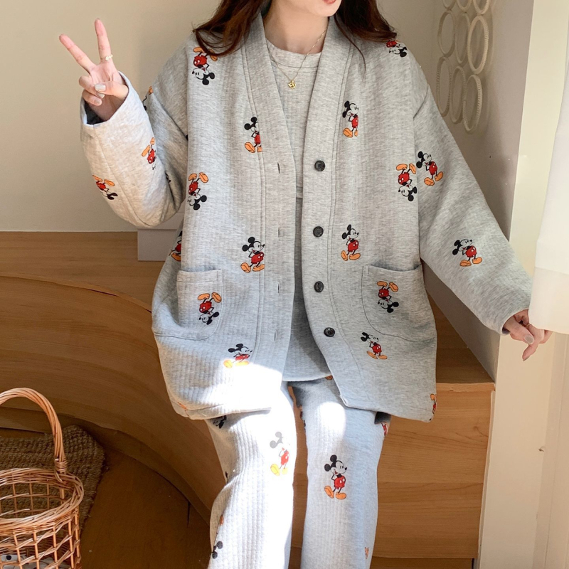 Пижами за майчинство за кърмене, тричастен комплект есенно-зимно, дълги ръкави с поло яка, TR плат