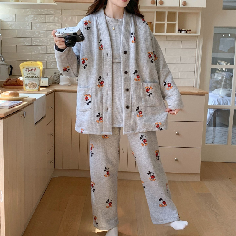 Пижами за майчинство за кърмене, тричастен комплект есенно-зимно, дълги ръкави с поло яка, TR плат