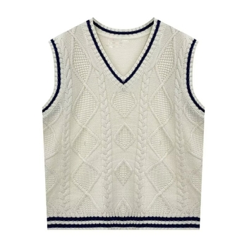 Női kötött mellény V-nyakú kivágással, színblokkolt mintával és kábelkötés részletekkel, poliészter anyag, őszi 2025