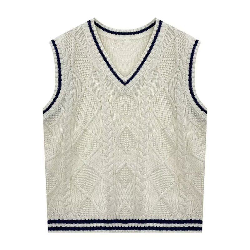 Női kötött mellény V-nyakú kivágással, színblokkolt mintával és kábelkötés részletekkel, poliészter anyag, őszi 2025