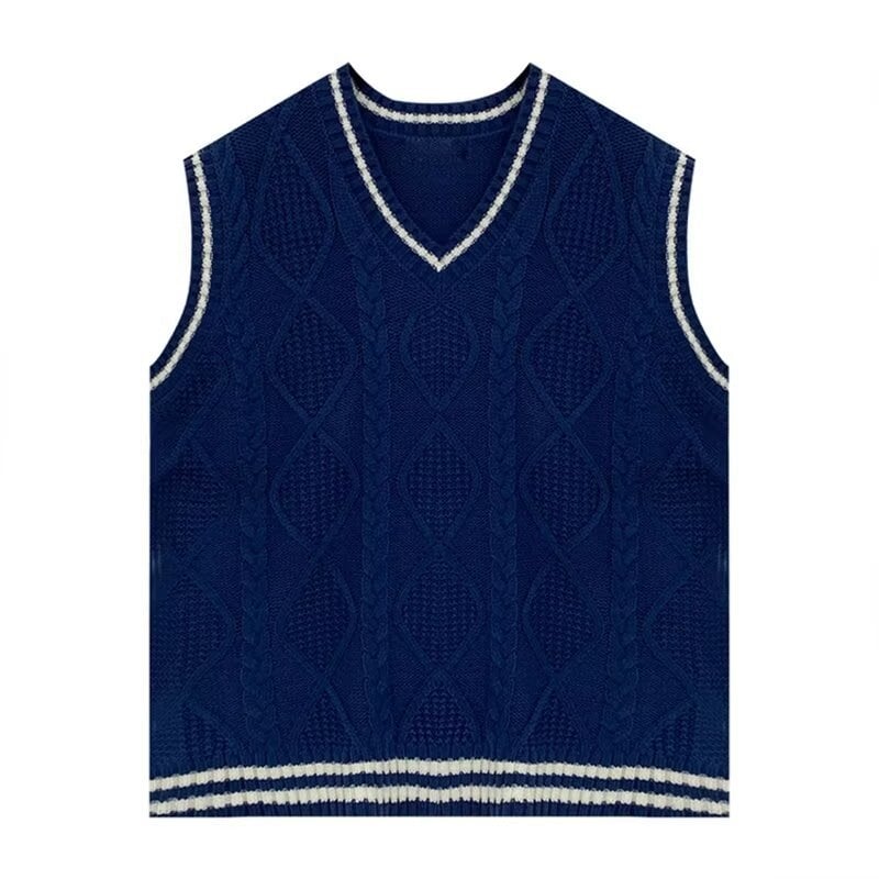 Női kötött mellény V-nyakú kivágással, színblokkolt mintával és kábelkötés részletekkel, poliészter anyag, őszi 2025