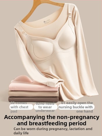 Бременна кърмеща топ база слой с открит достъп за кърмене, есенно-зимна топла дреха, Slim fit, 3/4 ръкави, кръгло деколте, полиестер над 95%