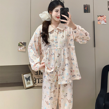 Rasedate ööriiete komplekt: Sea Island fleece, pikad varrukad, vaba lõige, Turn-down kaelus, Cartoon Animation Muster