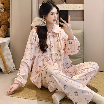 Rasedate ööriiete komplekt: Sea Island fleece, pikad varrukad, vaba lõige, Turn-down kaelus, Cartoon Animation Muster