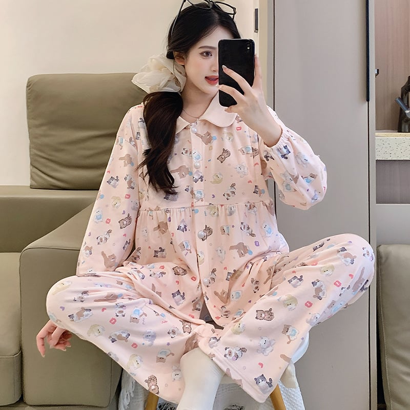 Rasedate ööriiete komplekt: Sea Island fleece, pikad varrukad, vaba lõige, Turn-down kaelus, Cartoon Animation Muster