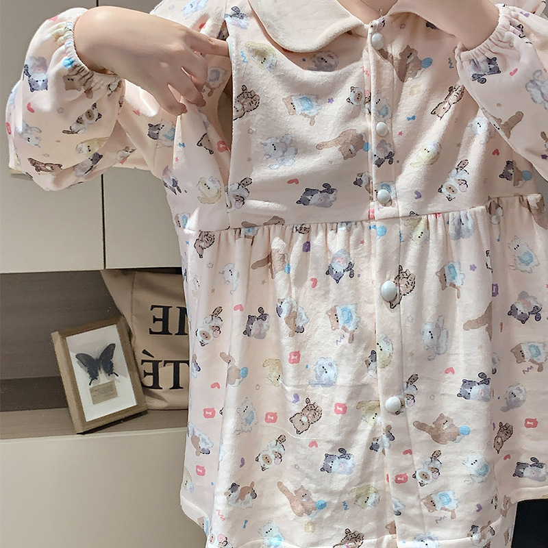 Rasedate ööriiete komplekt: Sea Island fleece, pikad varrukad, vaba lõige, Turn-down kaelus, Cartoon Animation Muster