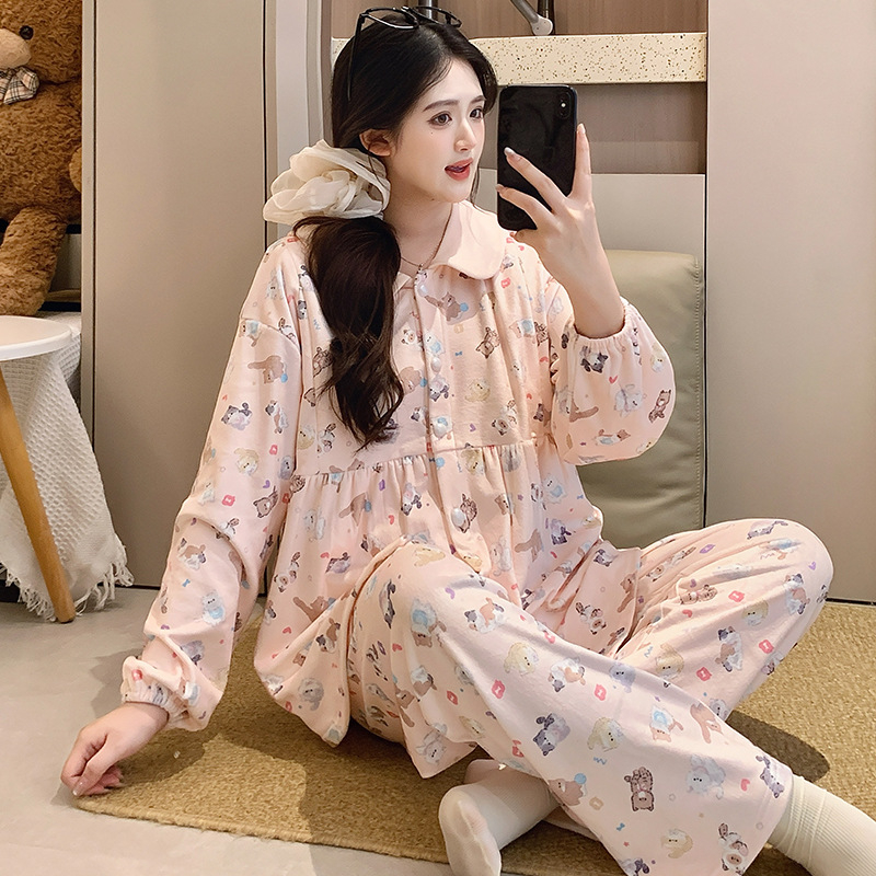 Rasedate ööriiete komplekt: Sea Island fleece, pikad varrukad, vaba lõige, Turn-down kaelus, Cartoon Animation Muster