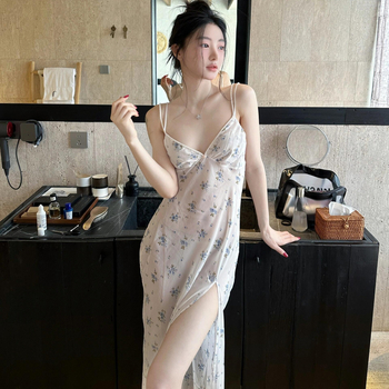 Noapte franțuzească cu bretele – imprimeu floral, poliester, material subțire, guler rotund, îmbrăcăminte de casă vară 2025