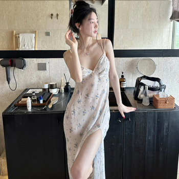 Noapte franțuzească cu bretele – imprimeu floral, poliester, material subțire, guler rotund, îmbrăcăminte de casă vară 2025