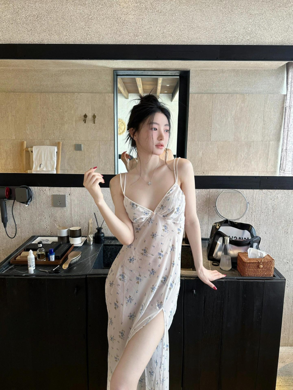 Noapte franțuzească cu bretele – imprimeu floral, poliester, material subțire, guler rotund, îmbrăcăminte de casă vară 2025