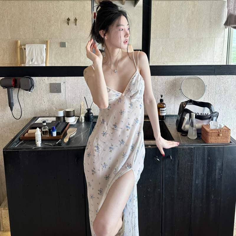 Noapte franțuzească cu bretele – imprimeu floral, poliester, material subțire, guler rotund, îmbrăcăminte de casă vară 2025