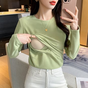 Puuvillane imetav T-särk polo krae, pikkade varrukatega, ühesuguse mustriga, kevad 2024