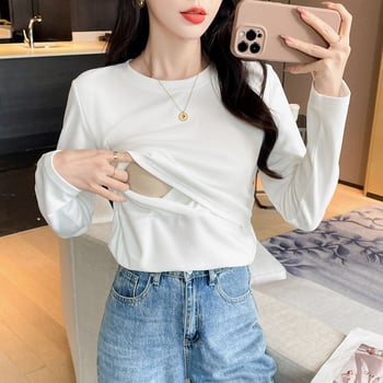 Puuvillane imetav T-särk polo krae, pikkade varrukatega, ühesuguse mustriga, kevad 2024