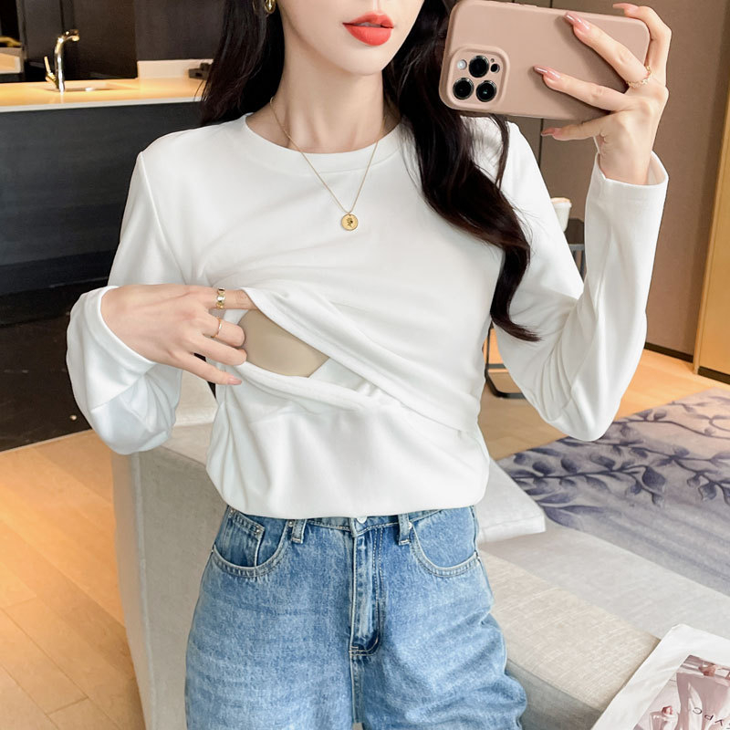 Puuvillane imetav T-särk polo krae, pikkade varrukatega, ühesuguse mustriga, kevad 2024