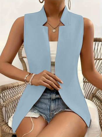 Női ujj nélküli mellény, karcsú szabásvonalú, irodai stílushoz, álló gallér, gombok nélkül, poliészter (normál hossz; álló gallér; poliészter; gombok nélkül)