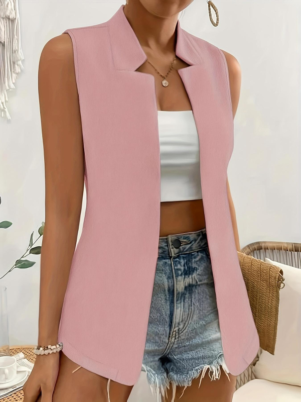 Női ujj nélküli mellény, karcsú szabásvonalú, irodai stílushoz, álló gallér, gombok nélkül, poliészter (normál hossz; álló gallér; poliészter; gombok nélkül)