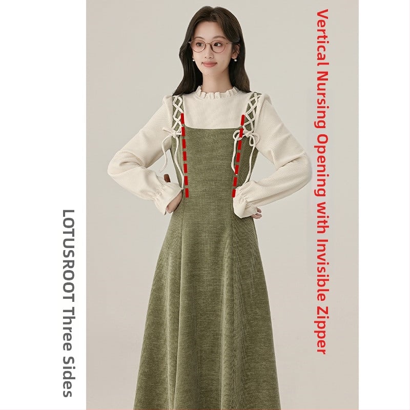 Есенно-зимна рокля за кърмене с кръгло деколте, дълги ръкави, русалски силует и достъп за кърмене