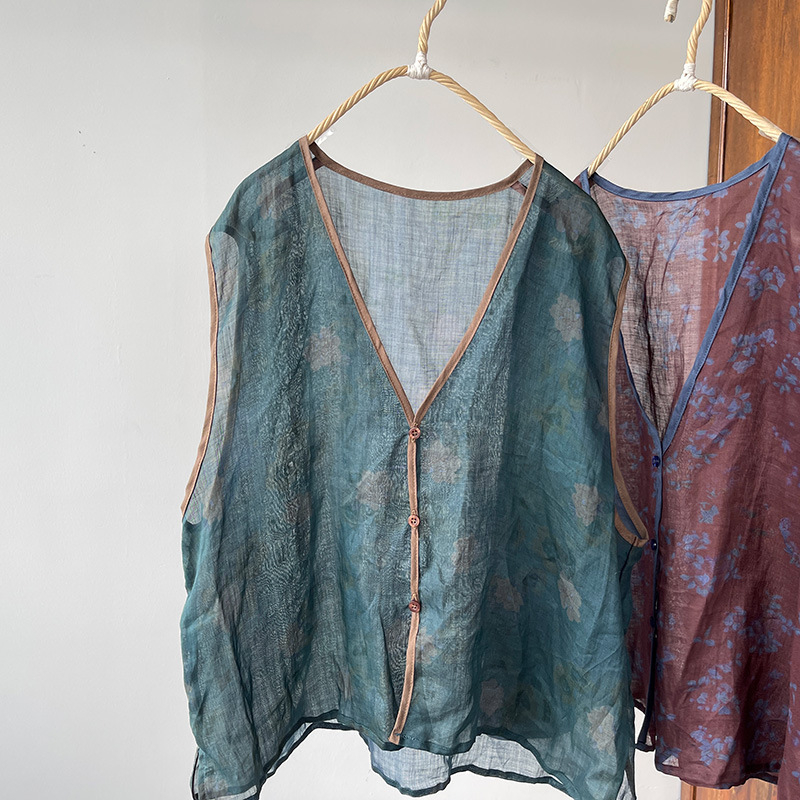Ženska ramie vest, retro stil, labav kroj, jednostruko zatvaranje, materijal: ramie >95%