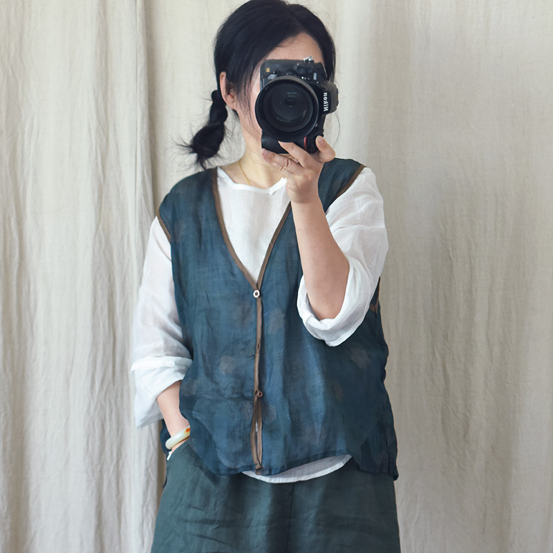 Ženska ramie vest, retro stil, labav kroj, jednostruko zatvaranje, materijal: ramie >95%
