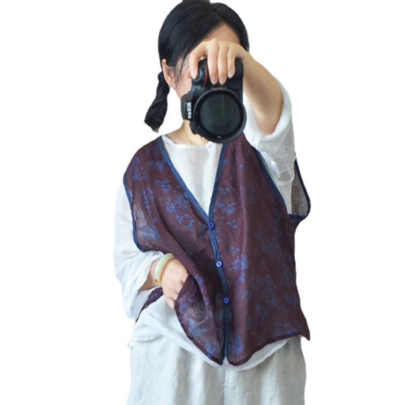 Ženska ramie vest, retro stil, labav kroj, jednostruko zatvaranje, materijal: ramie >95%