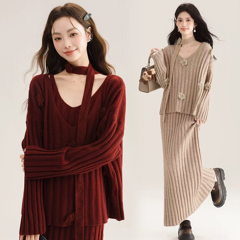 Майчин комплект: плетен топ с 3D цветя и рокля с презрамки до средна дължина за кърмене – есенно-зимен, памук 70–80%