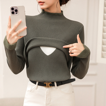 Пуловер за кърмене със Seahorse Hair прежда, постпартален полувисока яка, кожа‑приятелски и тънък силует, есенно‑зимен сезон