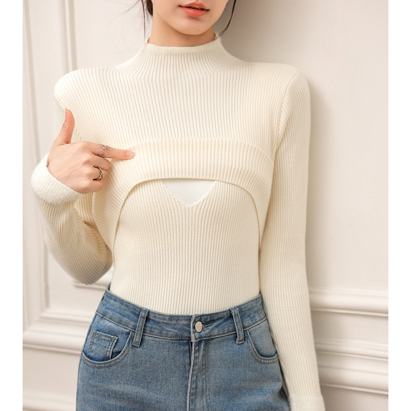 Пуловер за кърмене със Seahorse Hair прежда, постпартален полувисока яка, кожа‑приятелски и тънък силует, есенно‑зимен сезон