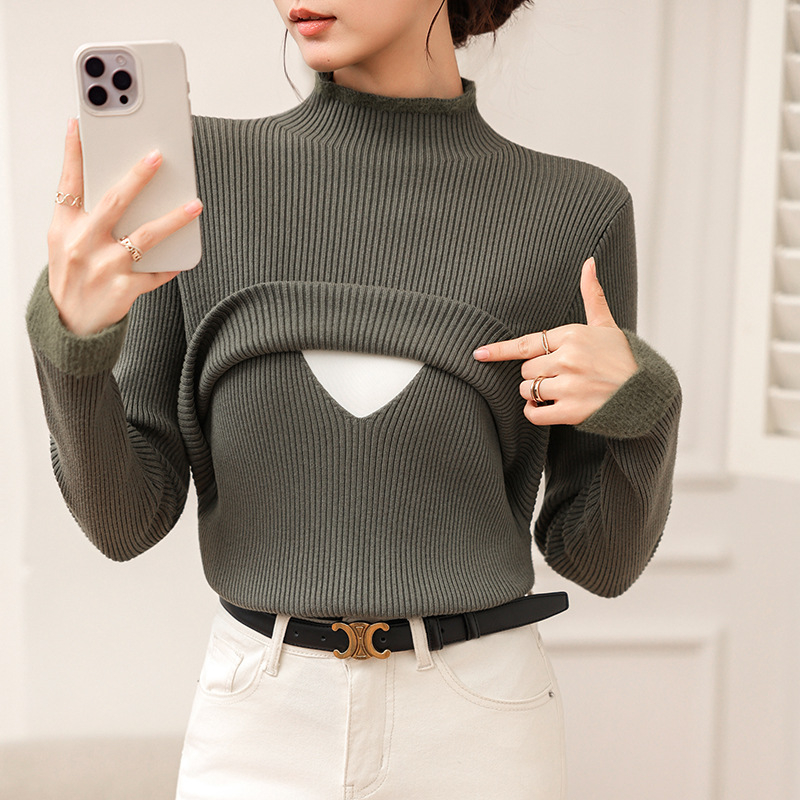 Пуловер за кърмене със Seahorse Hair прежда, постпартален полувисока яка, кожа‑приятелски и тънък силует, есенно‑зимен сезон