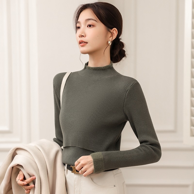 Пуловер за кърмене със Seahorse Hair прежда, постпартален полувисока яка, кожа‑приятелски и тънък силует, есенно‑зимен сезон