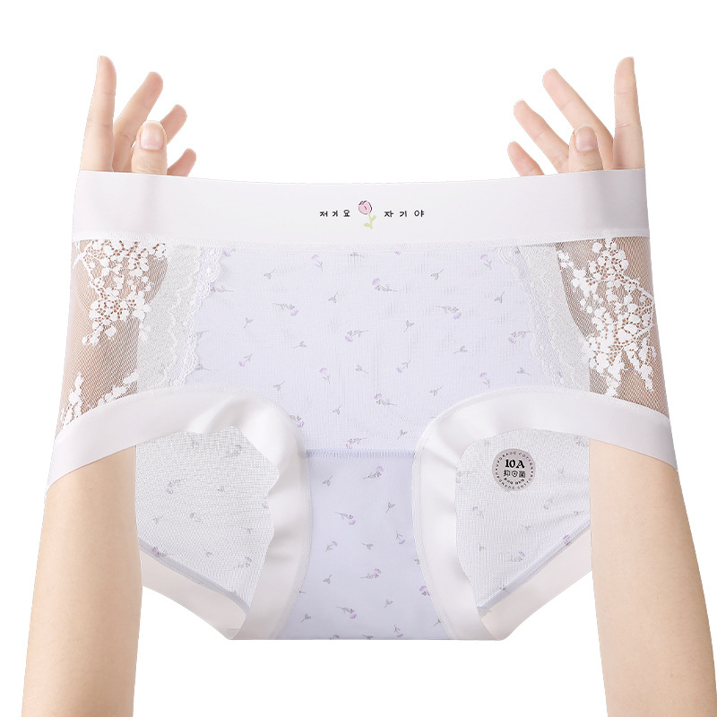 Svježi cvjetni uzorak s čipkom, ženski gaćice plus veličine, prozračni Ice Silk, pamukova podstava u području prepona, produženi preponski dio