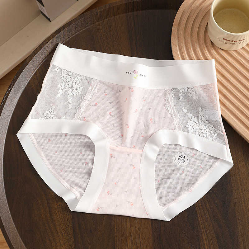Svježi cvjetni uzorak s čipkom, ženski gaćice plus veličine, prozračni Ice Silk, pamukova podstava u području prepona, produženi preponski dio