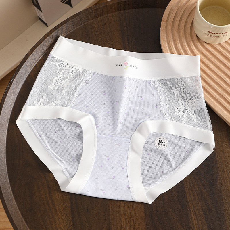 Svježi cvjetni uzorak s čipkom, ženski gaćice plus veličine, prozračni Ice Silk, pamukova podstava u području prepona, produženi preponski dio