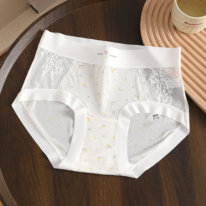 Svježi cvjetni uzorak s čipkom, ženski gaćice plus veličine, prozračni Ice Silk, pamukova podstava u području prepona, produženi preponski dio