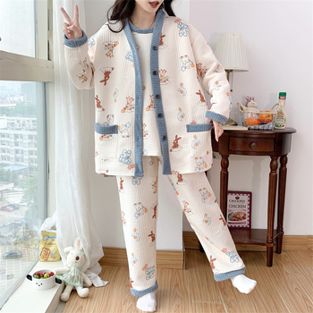 Raseduse ja imetamise ööriided, kolmekohaline komplekt, multikas muster, pikad varrukad printsess-stiilis, V-kaelus, Hiina stiil, kirjanduslik retro