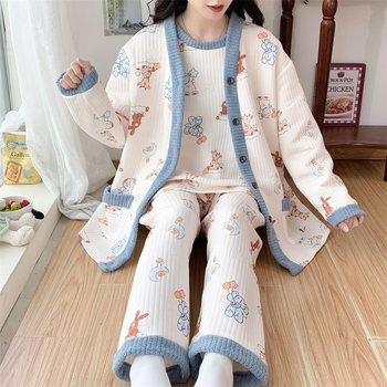 Raseduse ja imetamise ööriided, kolmekohaline komplekt, multikas muster, pikad varrukad printsess-stiilis, V-kaelus, Hiina stiil, kirjanduslik retro